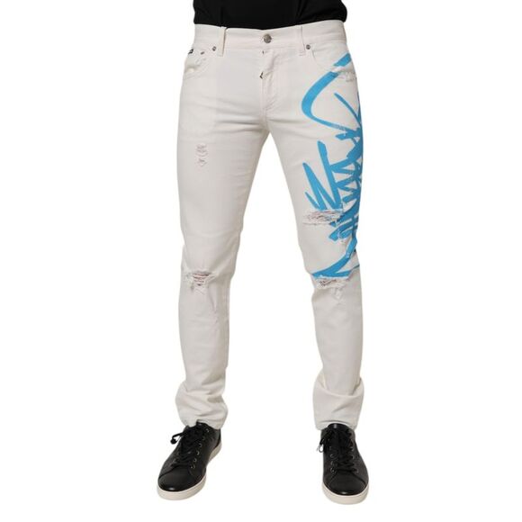Dolce & Gabbana White Tattered Cotton High Waist Denim Jeans